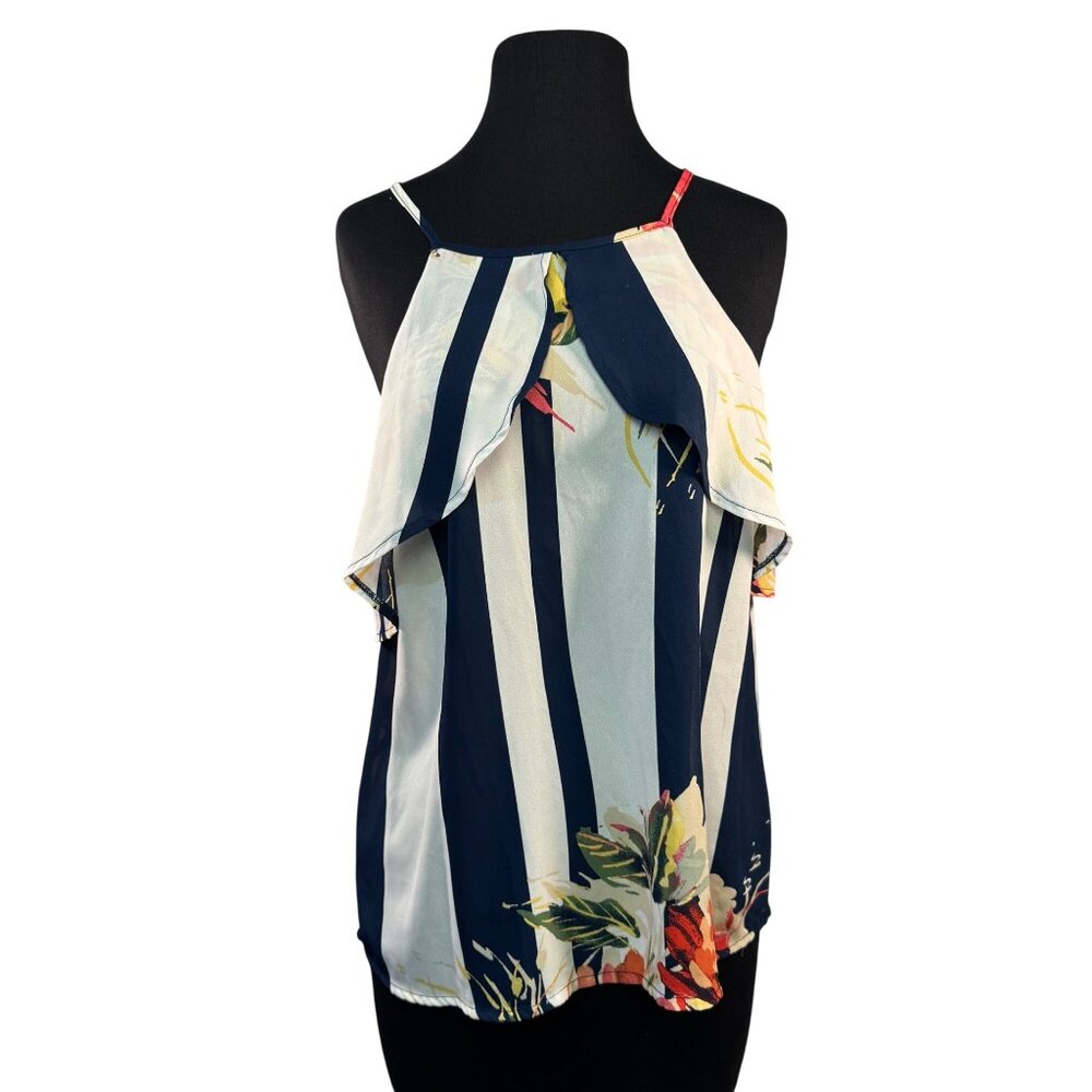 Lily Rose Striped Floral Halter Top With Ruffle Detail & Tie Back